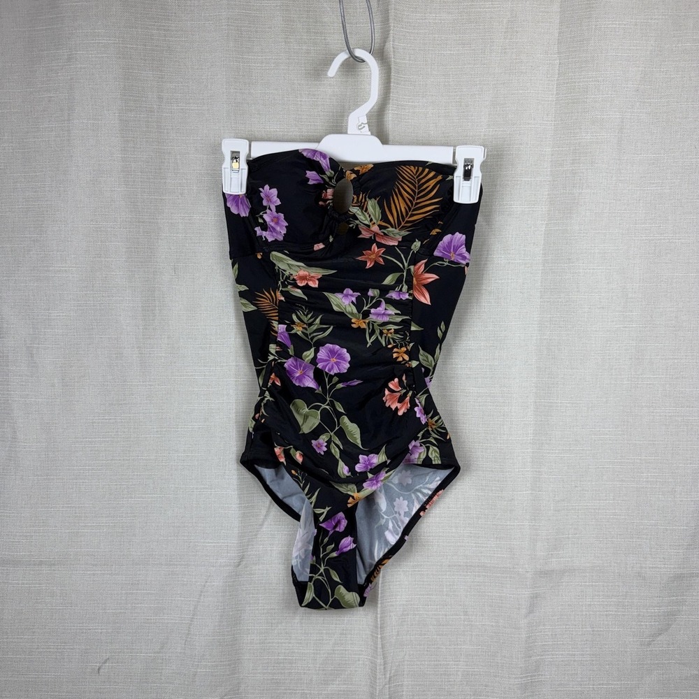 Shade & Shore Swimsuit Womens XS Black Floral One Piece Belted Tummy Control